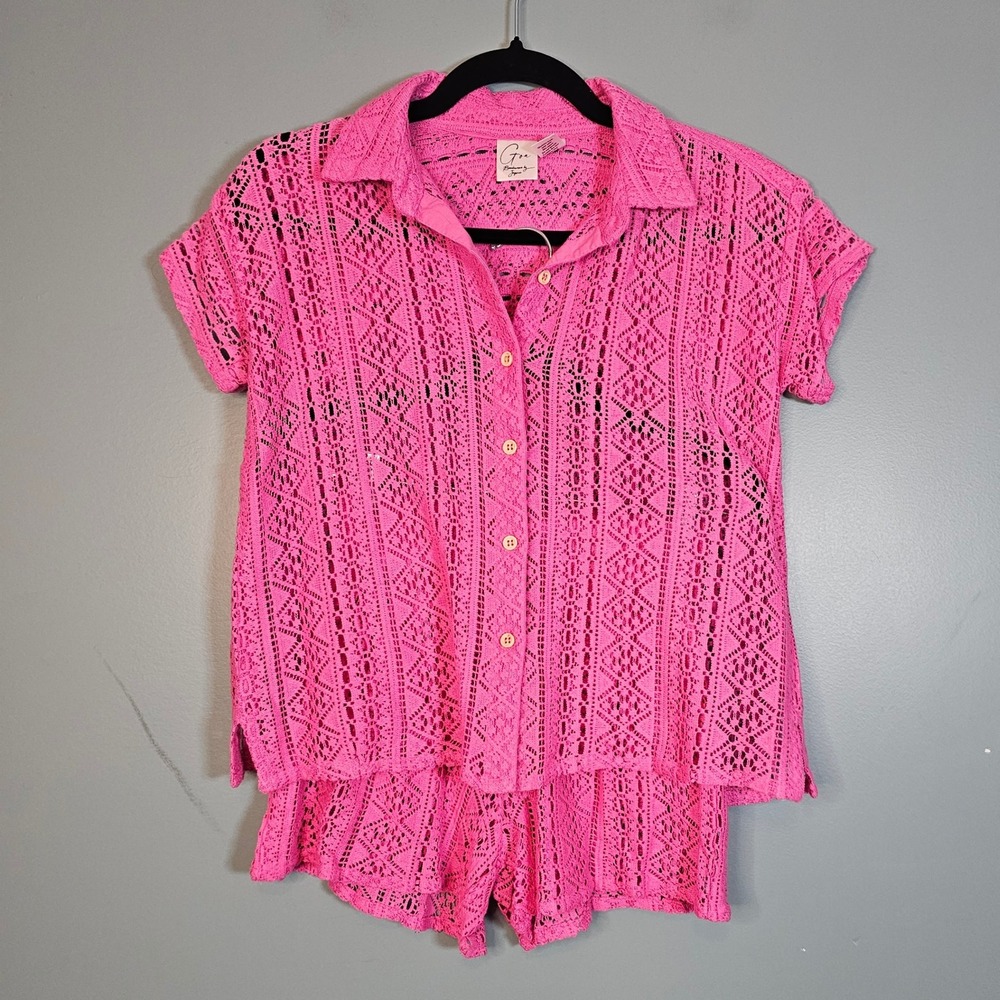 Goa Beachwear by Japna Pink Crochet Knit Button Up Shirt &‎ Shorts Set XS